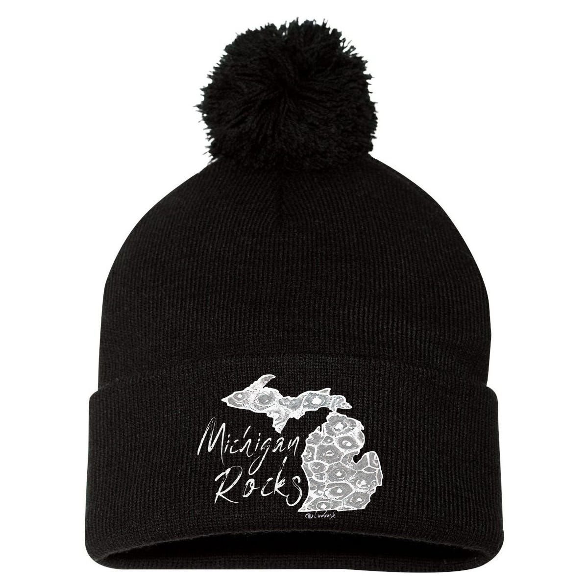 MICHIGAN ROCKS PETOSKEY STONE Pom Pom 12in Knit Beanie