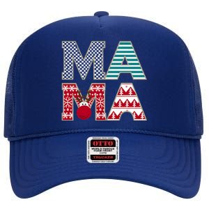 Mama Reindeer Plaid Christmas Holiday Design High Crown Mesh Back Trucker Hat