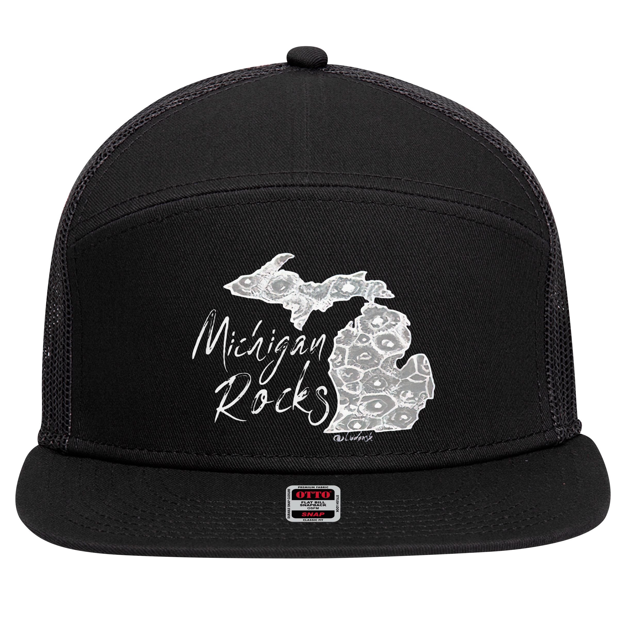 MICHIGAN ROCKS PETOSKEY STONE 7 Panel Mesh Trucker Snapback Hat