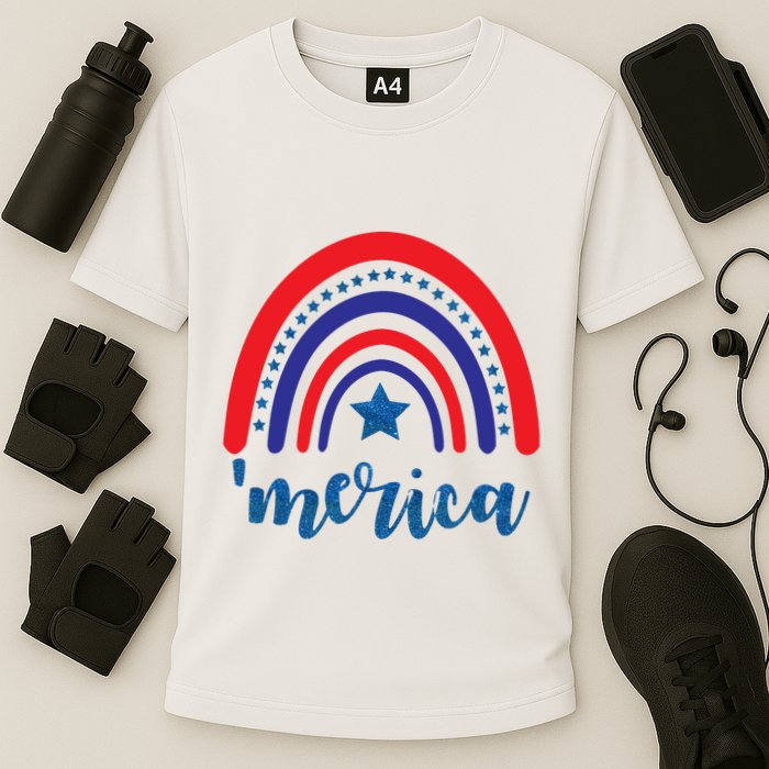 Merica Rainbow Patriotic 4th Of July Cooling Performance Crew T-Shirt