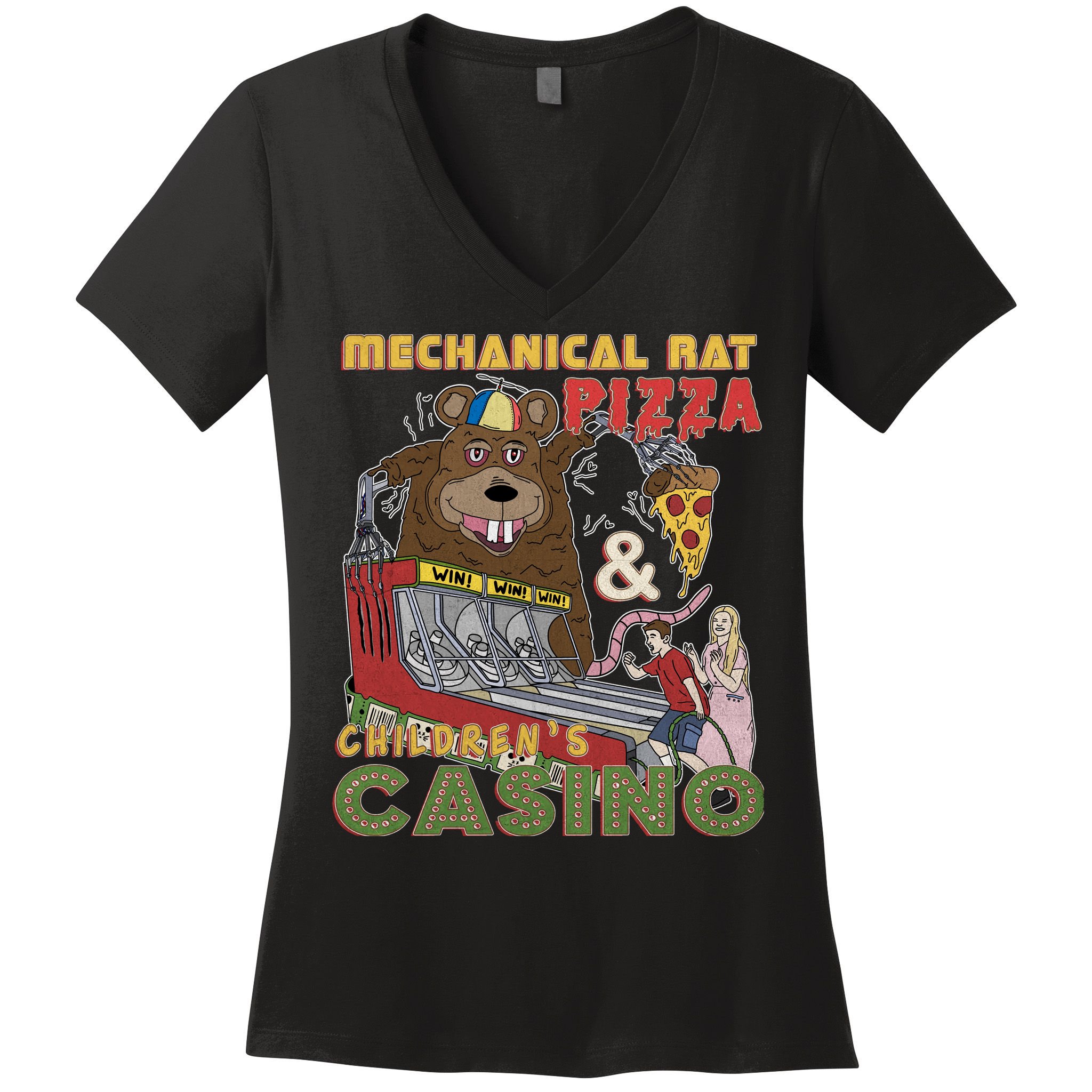 Mechanical Rat Pizza & Child Casino Women's V-Neck T-Shirt