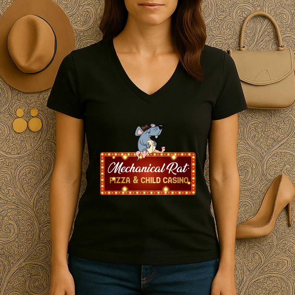 Mechanical Rat Pizza & Child Casino Women's V-Neck T-Shirt