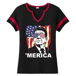 Merica Ronald Reagan Funny Usa Stars And Strips Proud American Ladies Halftime Notch Neck Tee