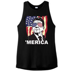 Merica Ronald Reagan Funny Usa Stars And Strips Proud American Ladies PosiCharge Tri-Blend Wicking Tank