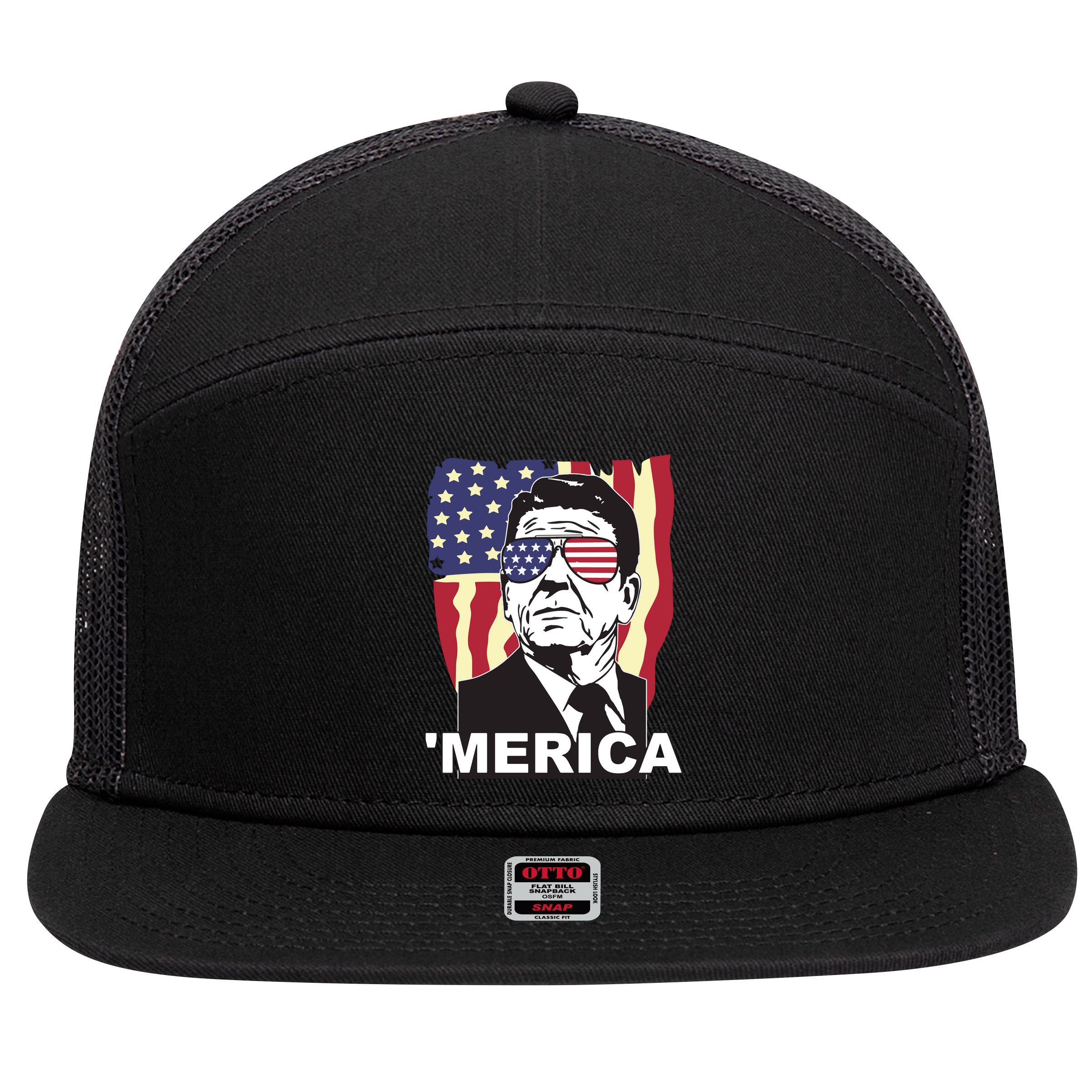 Merica Ronald Reagan Funny Usa Stars And Strips Proud American 7 Panel Mesh Trucker Snapback Hat