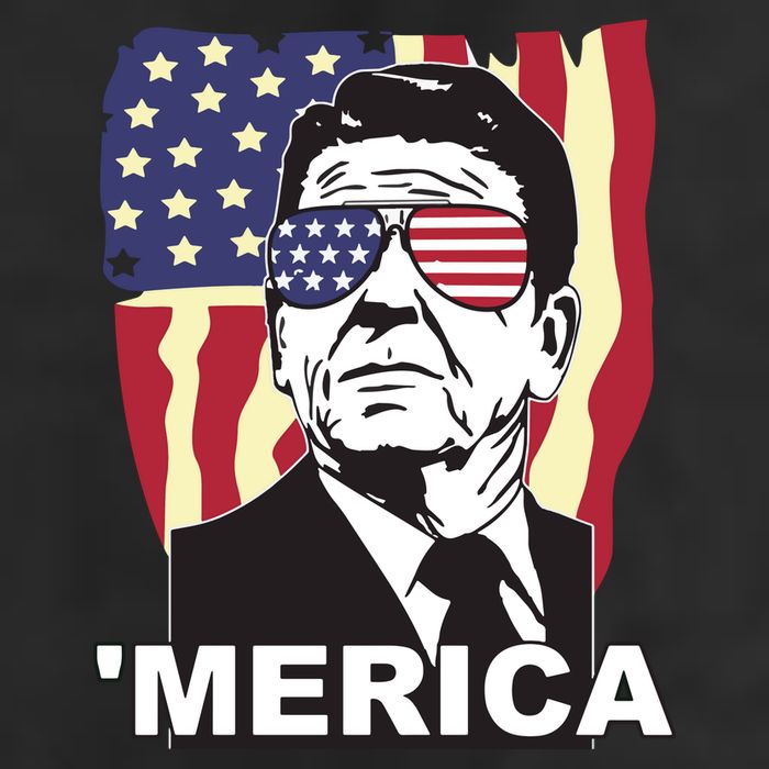 Merica Ronald Reagan Funny Usa Stars And Strips Proud American 7 Panel Mesh Trucker Snapback Hat