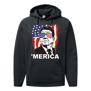 Merica Ronald Reagan Funny Usa Stars And Strips Proud American Performance Fleece Hoodie