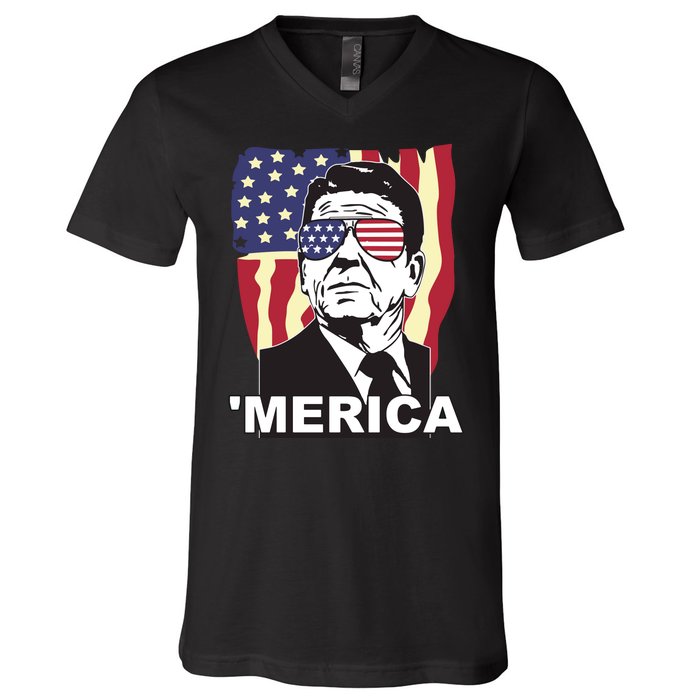 Merica Ronald Reagan Funny Usa Stars And Strips Proud American V-Neck T-Shirt