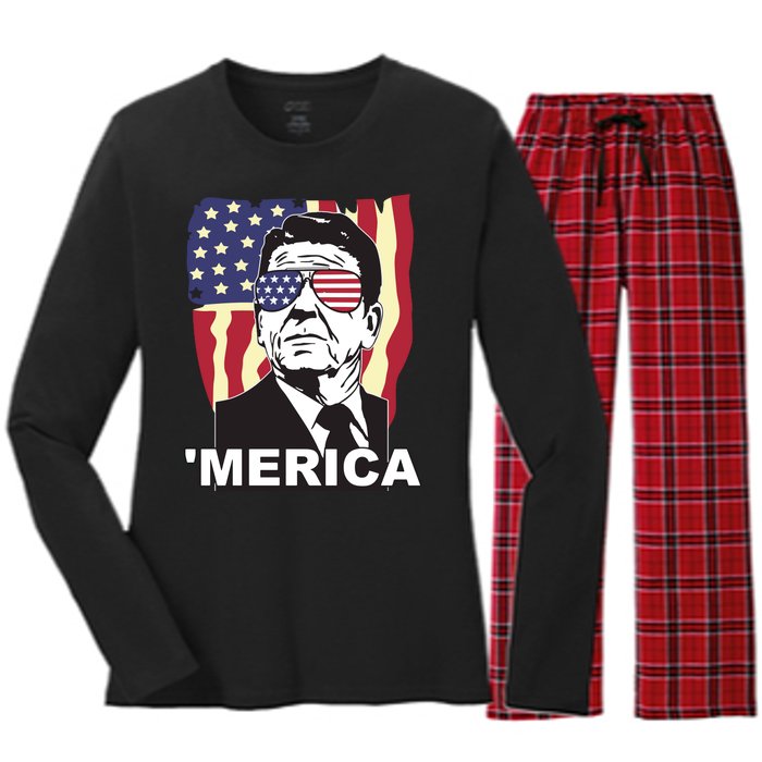 Merica Ronald Reagan Funny Usa Stars And Strips Proud American Women's Long Sleeve Flannel Pajama Set 