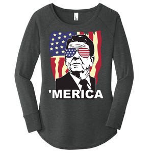 Merica Ronald Reagan Funny Usa Stars And Strips Proud American Women's Perfect Tri Tunic Long Sleeve Shirt