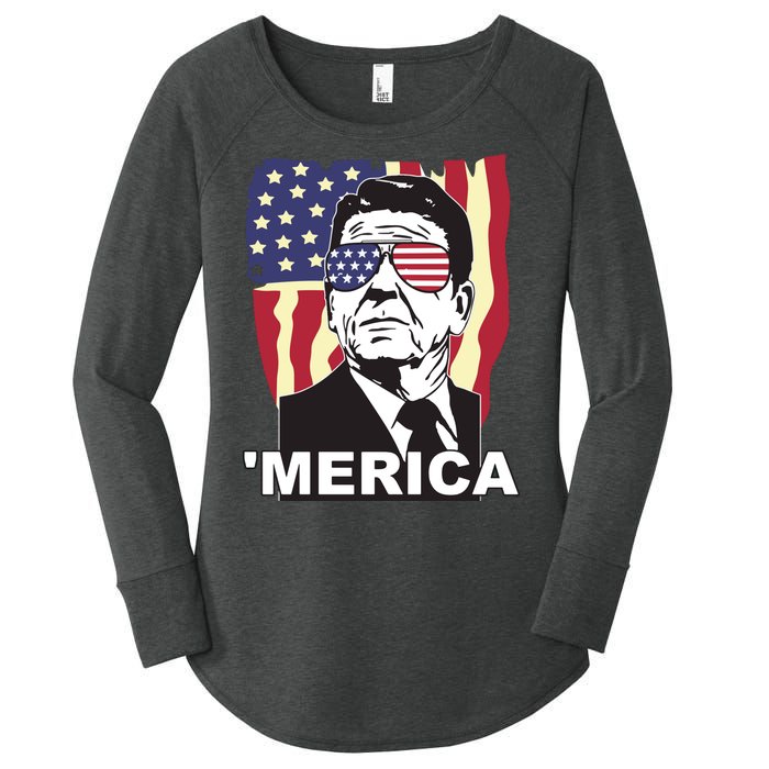 Merica Ronald Reagan Funny Usa Stars And Strips Proud American Women's Perfect Tri Tunic Long Sleeve Shirt