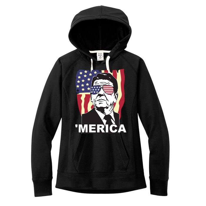 Merica Ronald Reagan Funny Usa Stars And Strips Proud American Women's Fleece Hoodie