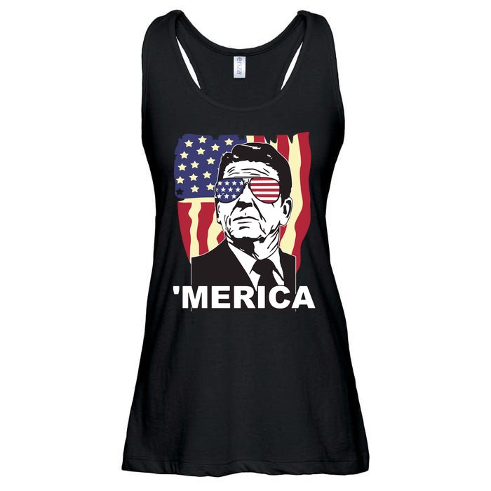 Merica Ronald Reagan Funny Usa Stars And Strips Proud American Ladies Essential Flowy Tank