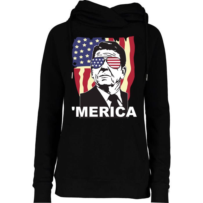 Merica Ronald Reagan Funny Usa Stars And Strips Proud American Womens Funnel Neck Pullover Hood