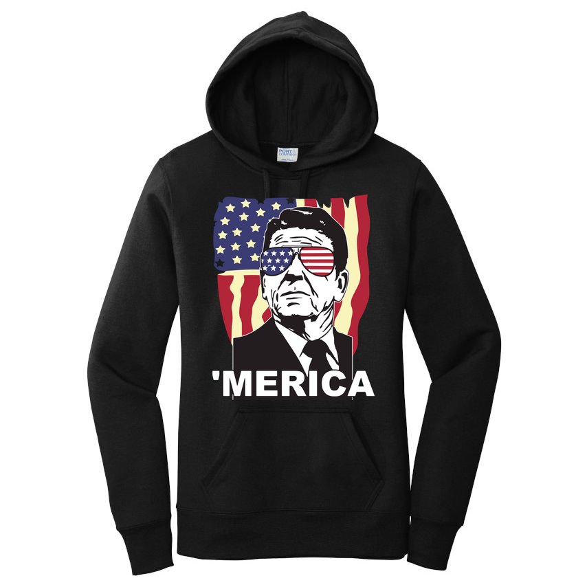 Merica Ronald Reagan Funny Usa Stars And Strips Proud American Women's Pullover Hoodie
