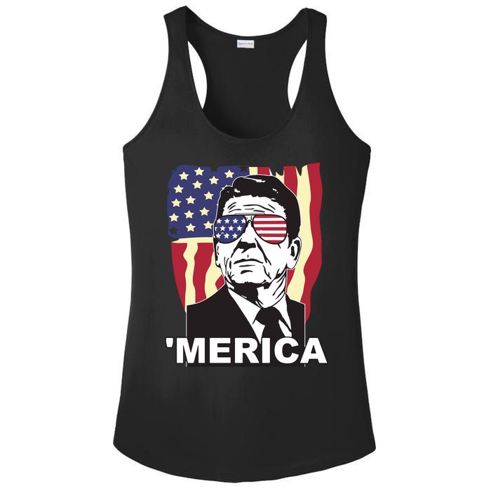 Merica Ronald Reagan Funny Usa Stars And Strips Proud American Ladies PosiCharge Competitor Racerback Tank