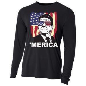 Merica Ronald Reagan Funny Usa Stars And Strips Proud American Cooling Performance Long Sleeve Crew