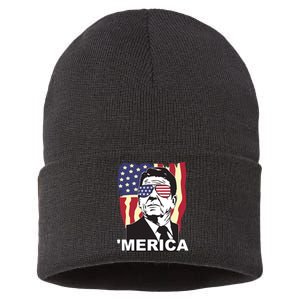 Merica Ronald Reagan Funny Usa Stars And Strips Proud American Sustainable Knit Beanie