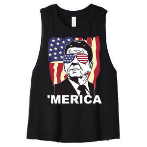 Merica Ronald Reagan Funny Usa Stars And Strips Proud American Women's Racerback Cropped Tank