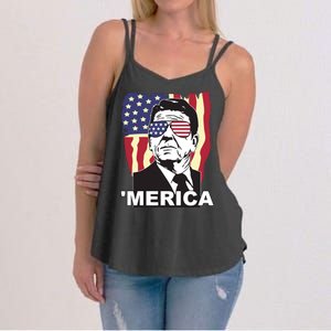 Merica Ronald Reagan Funny Usa Stars And Strips Proud American Women's Strappy Tank