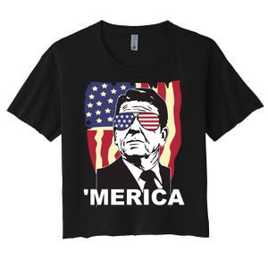 Merica Ronald Reagan Funny Usa Stars And Strips Proud American Women's Crop Top Tee