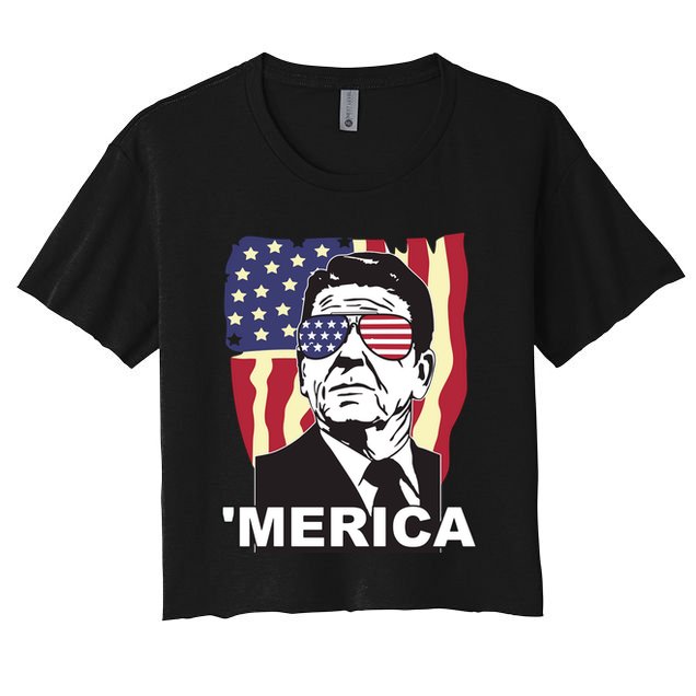Merica Ronald Reagan Funny Usa Stars And Strips Proud American Crop Top