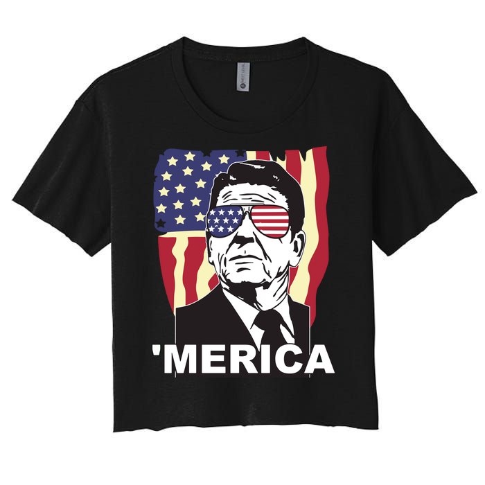 Merica Ronald Reagan Funny Usa Stars And Strips Proud American Women's Crop Top Tee