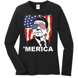 Merica Ronald Reagan Funny Usa Stars And Strips Proud American Ladies Long Sleeve Shirt