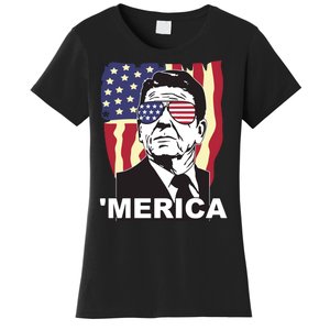 Merica Ronald Reagan Funny Usa Stars And Strips Proud American Women's T-Shirt