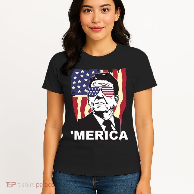Merica Ronald Reagan Funny Usa Stars And Strips Proud American Womens T-Shirt