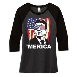 Merica Ronald Reagan Funny Usa Stars And Strips Proud American Women's Tri-Blend 3/4-Sleeve Raglan Shirt