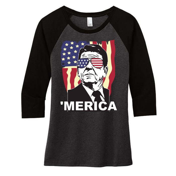 Merica Ronald Reagan Funny Usa Stars And Strips Proud American Women's Tri-Blend 3/4-Sleeve Raglan Shirt