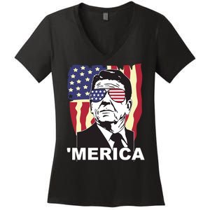 Merica Ronald Reagan Funny Usa Stars And Strips Proud American Women's V-Neck T-Shirt