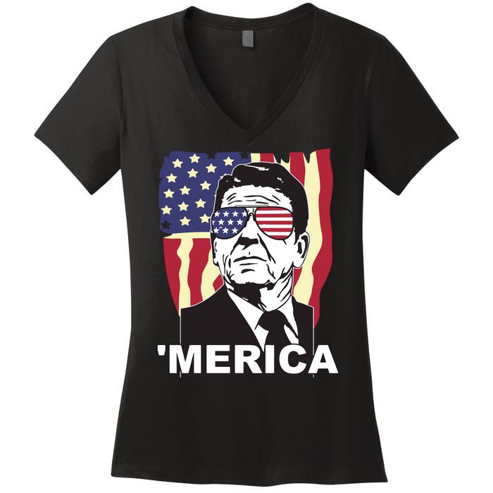 Merica Ronald Reagan Funny Usa Stars And Strips Proud American Women's V-Neck T-Shirt