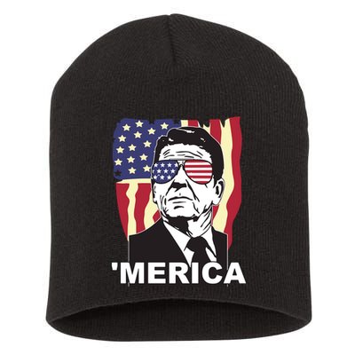 Merica Ronald Reagan Funny Usa Stars And Strips Proud American Short Acrylic Beanie