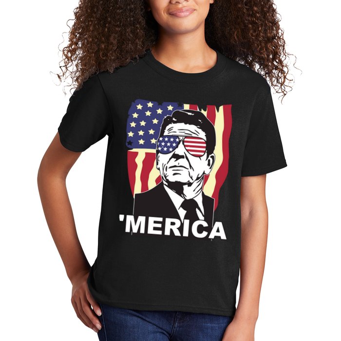 Merica Ronald Reagan Funny Usa Stars And Strips Proud American Kids T-Shirt