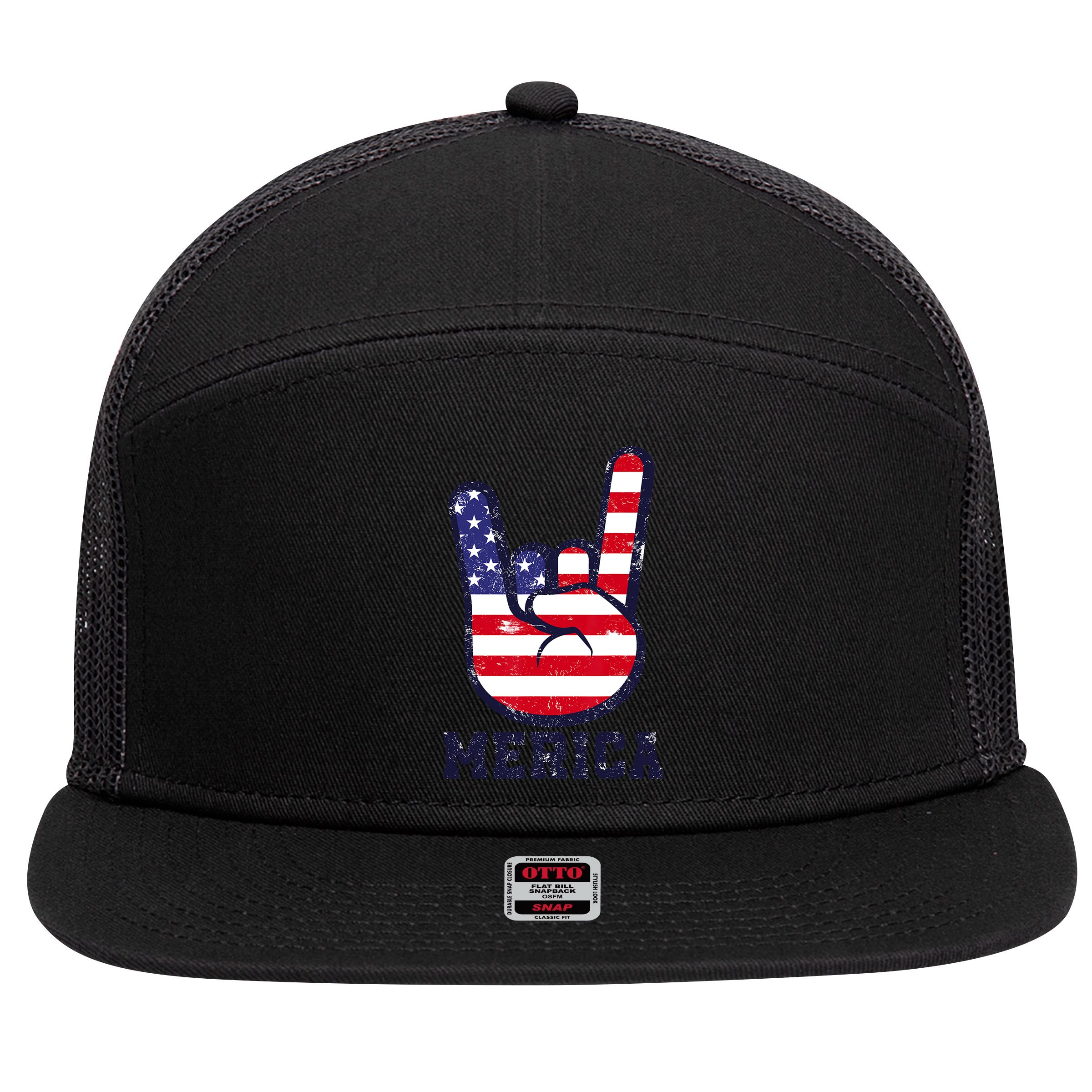 Merica Rock Sign 4th Of July American USA Flag Patriotic 7 Panel Mesh Trucker Snapback Hat
