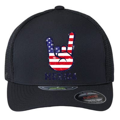 Merica Rock Sign 4th Of July American USA Flag Patriotic Flexfit Unipanel Trucker Cap