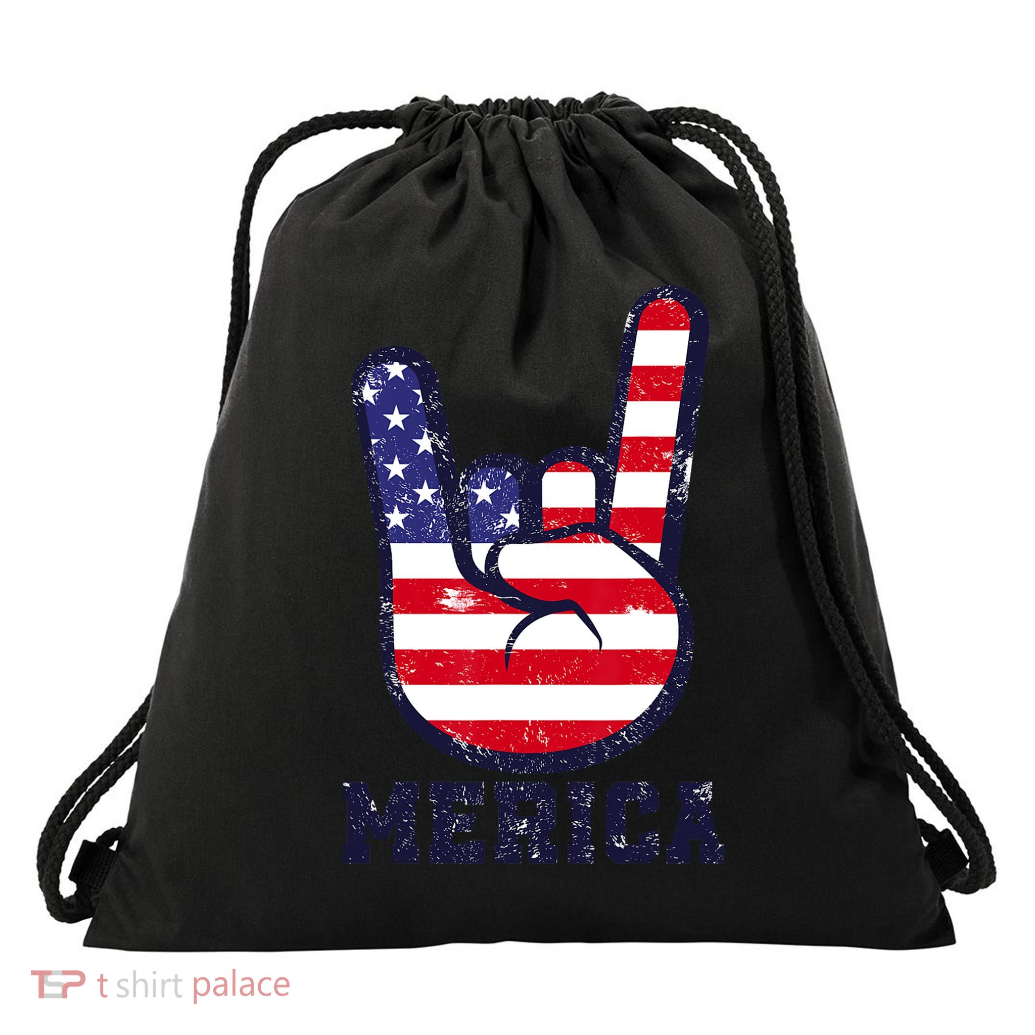 Merica Rock Sign 4th Of July American USA Flag Patriotic Drawstring Bag