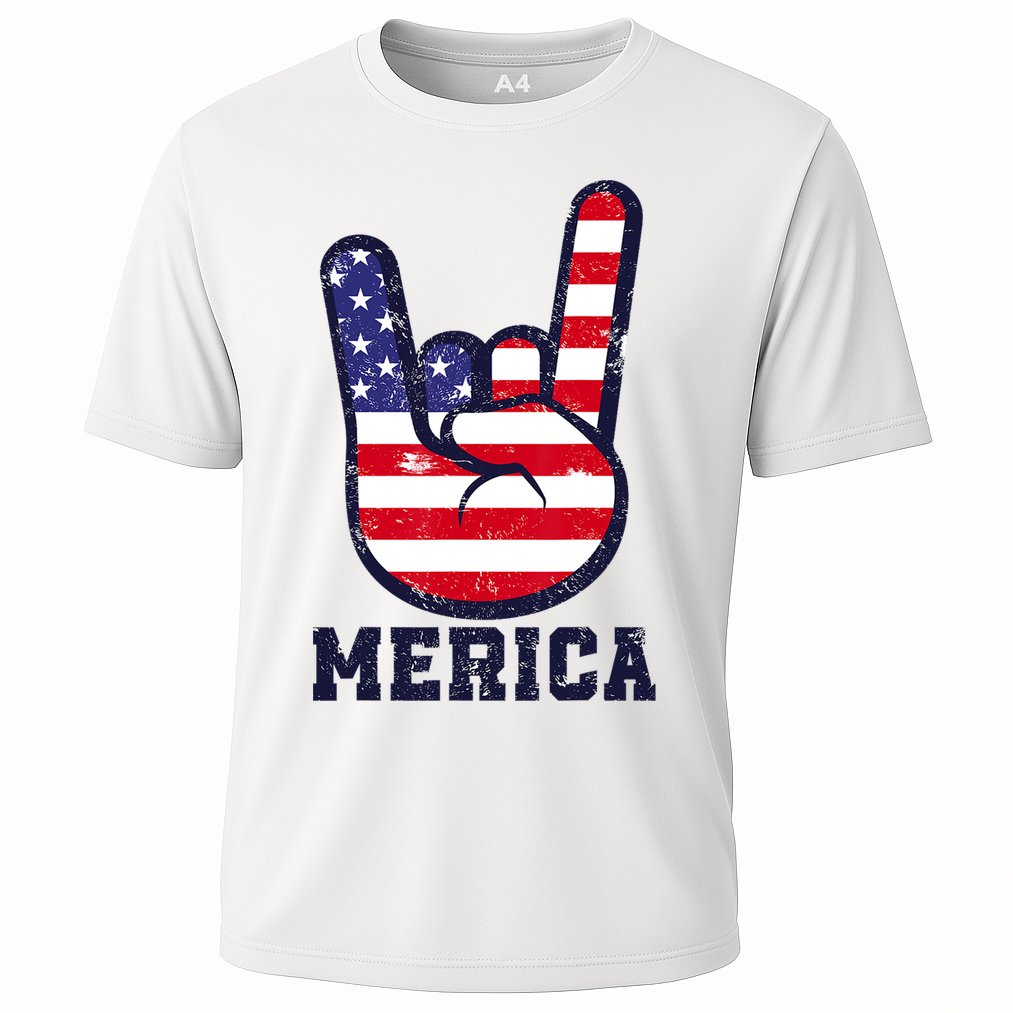 Merica Rock Sign 4th Of July American USA Flag Patriotic Cooling Performance Crew T-Shirt