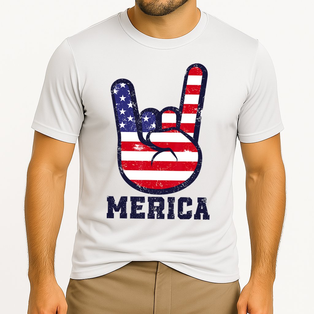 Merica Rock Sign 4th Of July American USA Flag Patriotic Cooling Performance Crew T-Shirt
