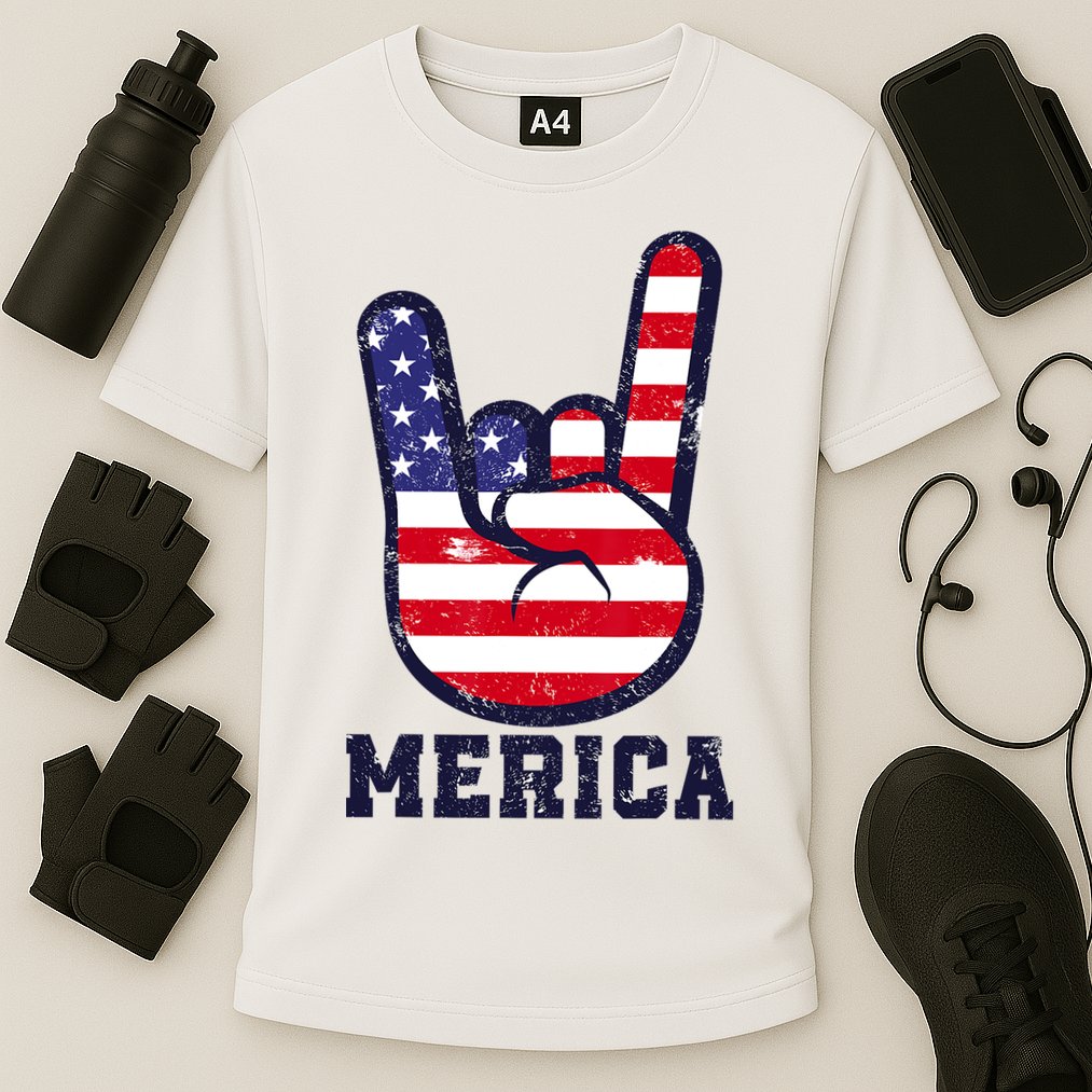 Merica Rock Sign 4th Of July American USA Flag Patriotic Cooling Performance Crew T-Shirt