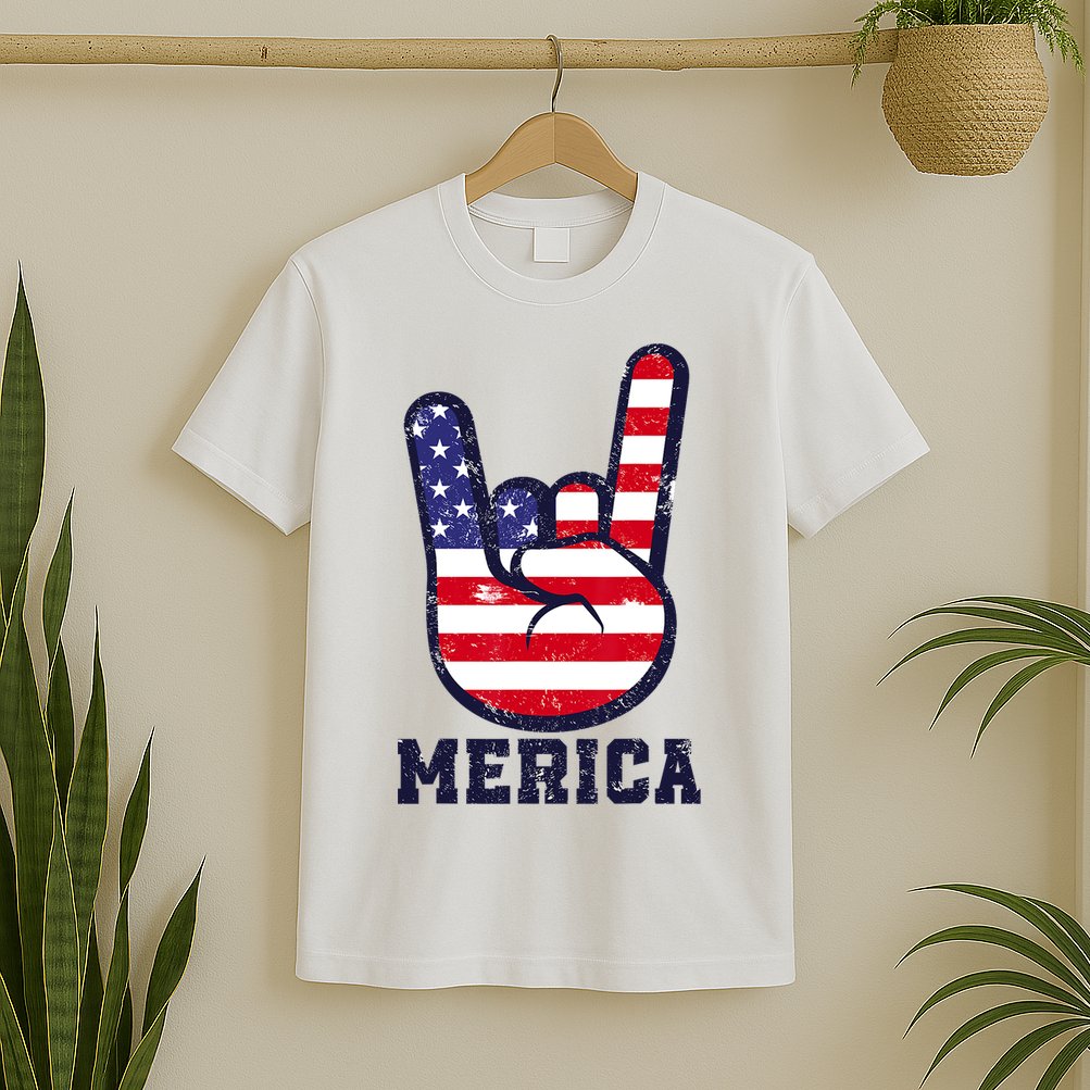 Merica Rock Sign 4th Of July American USA Flag Patriotic T-Shirt
