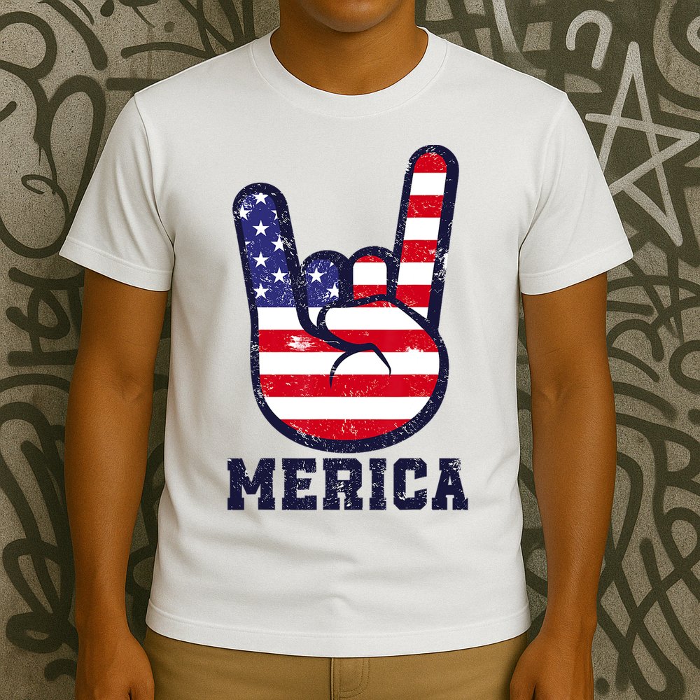 Merica Rock Sign 4th Of July American USA Flag Patriotic T-Shirt