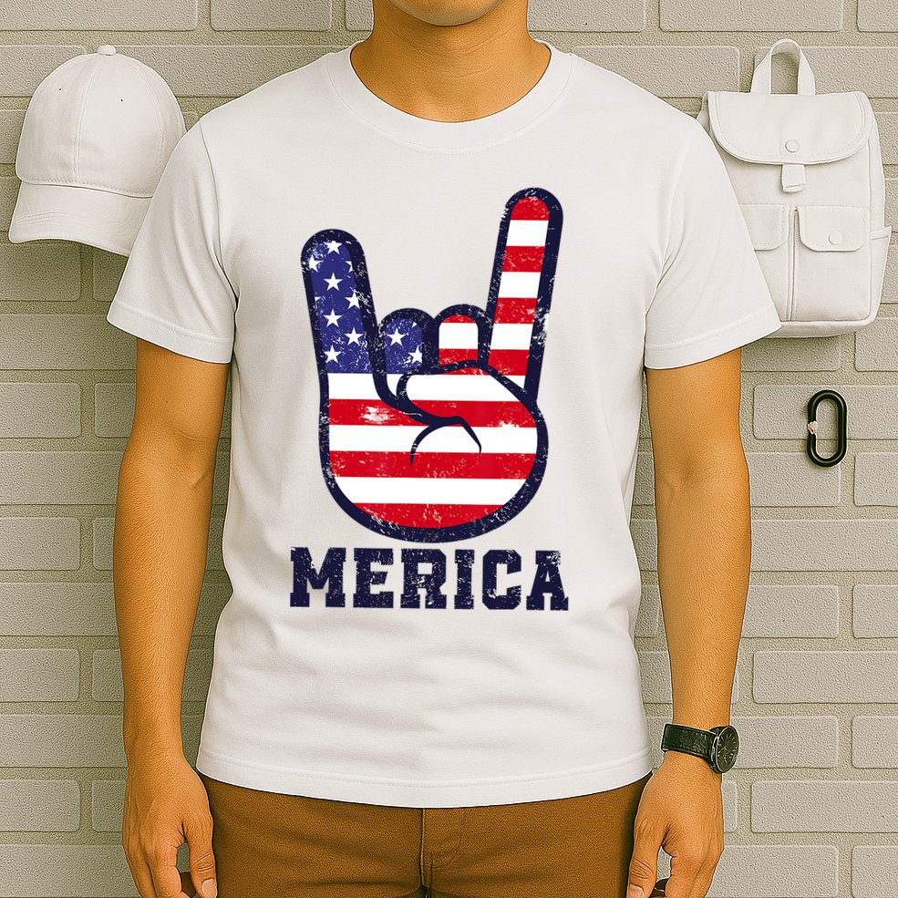 Merica Rock Sign 4th Of July American USA Flag Patriotic T-Shirt