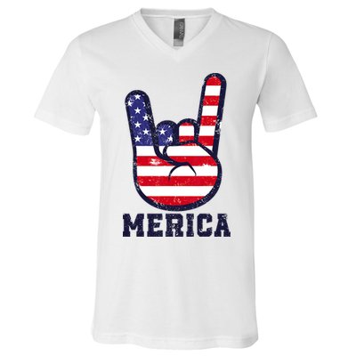 Merica Rock Sign 4th Of July American USA Flag Patriotic V-Neck T-Shirt