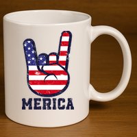 Merica Rock Sign 4th Of July American USA Flag Patriotic 11oz C Handle Ceramic Mug