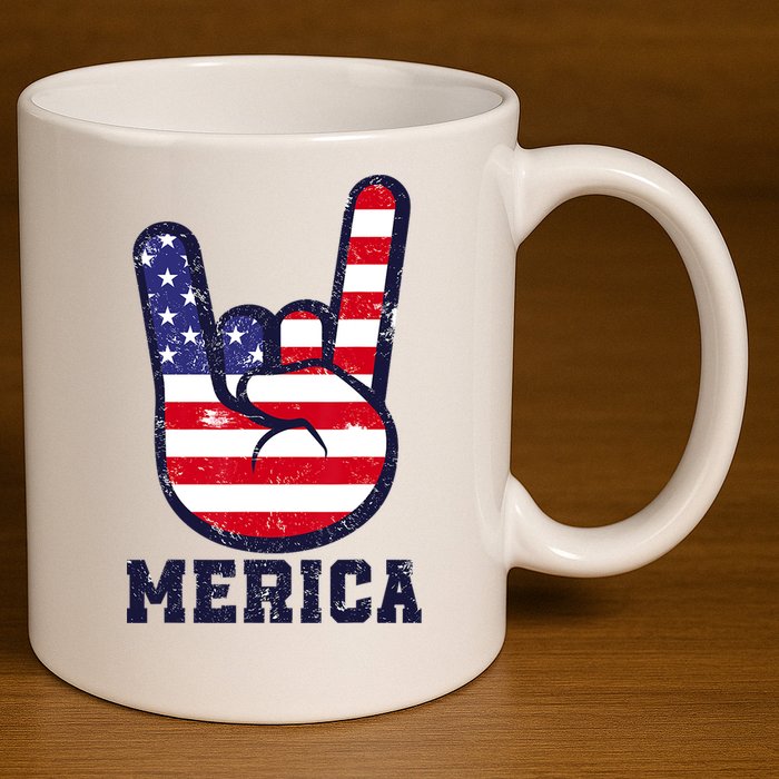 Merica Rock Sign 4th Of July American USA Flag Patriotic 11oz C Handle Ceramic Mug