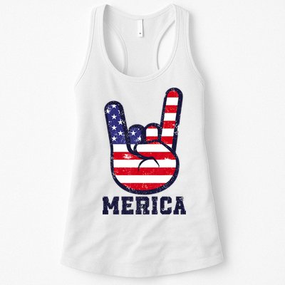 Merica Rock Sign 4th Of July American USA Flag Patriotic Womens Tank Top