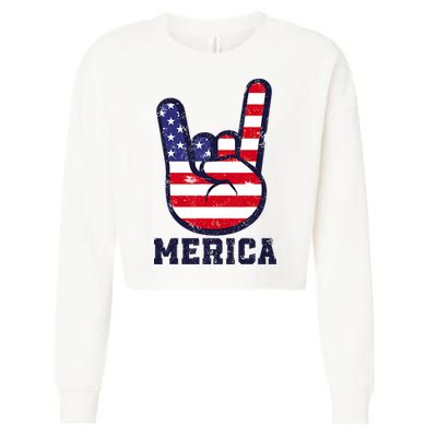 Merica Rock Sign 4th Of July American USA Flag Patriotic Cropped Pullover Crew